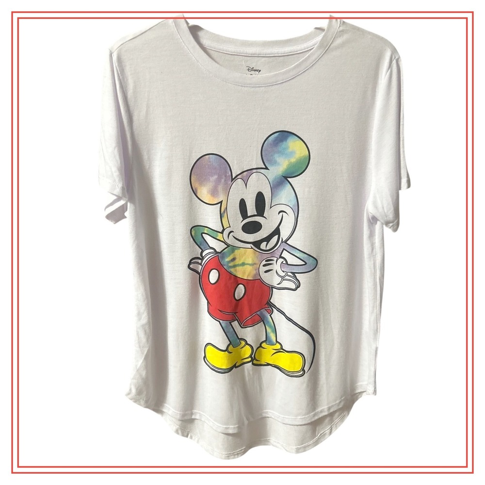Disney Mickey Mouse Tie Dye Graphic T-Shirt White XL‎ Short Sleeve Curved Hem